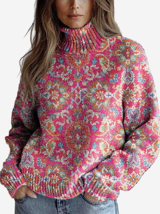 Lucy - Retro Ethnic Floral Turtleneck