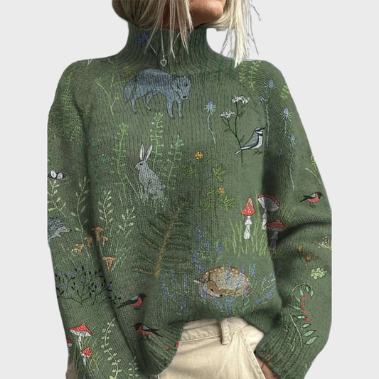 Elena - Knitted Sweater with Forest and Animal Print and Turtleneck