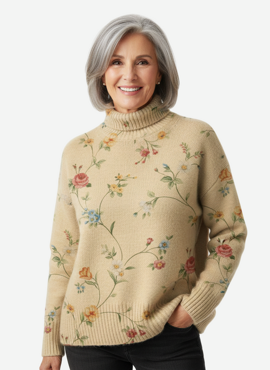 Rose - Vintage Floral Print Turtleneck Sweater