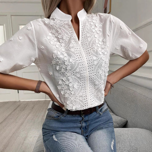 Lumiere™ | Embroidered Blouse with Split Collar 